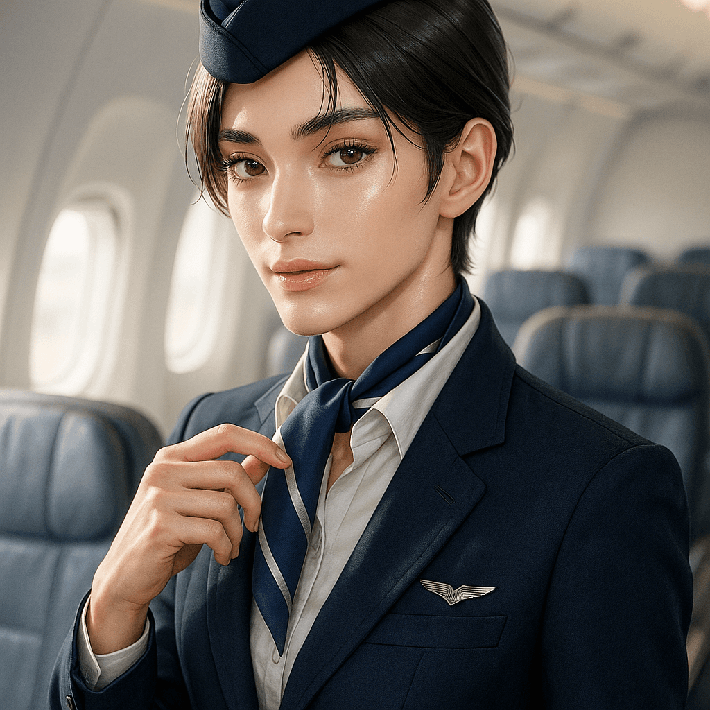 the flight attendant you keep getting seated by - AI character portrait